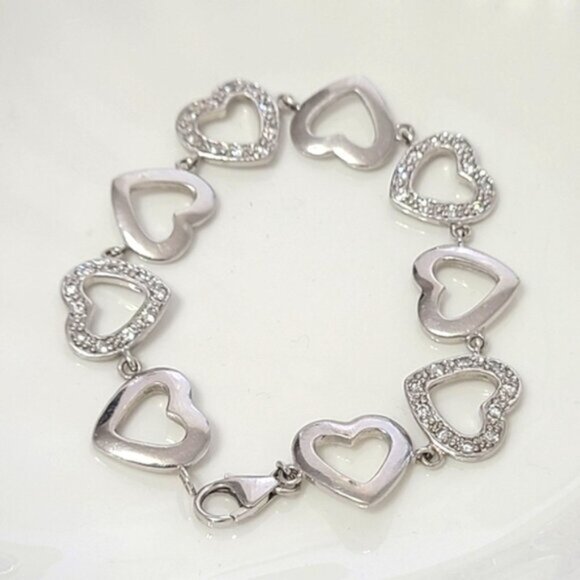 Vintage Sterling Silver Chain Link Crystal Rhinestone Heart Bracelet - Picture 8 of 12